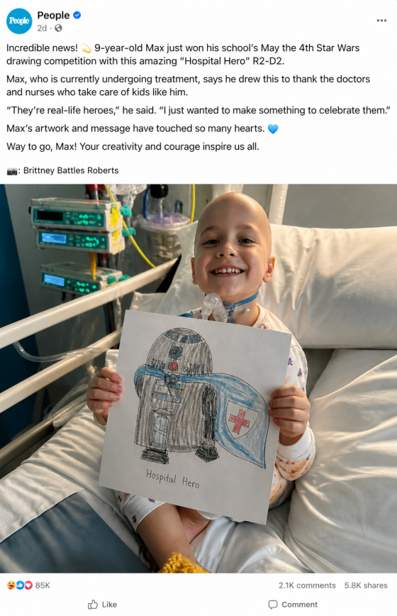 Social media post showing Max holding his Hospital Hero Star Wars drawing.