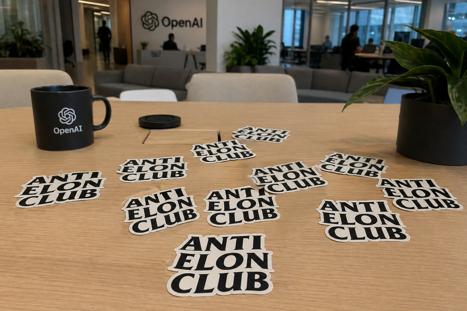 ANTI ELON CLUB stickers spread on an OpenAI office table beside an OpenAI-branded coffee mug