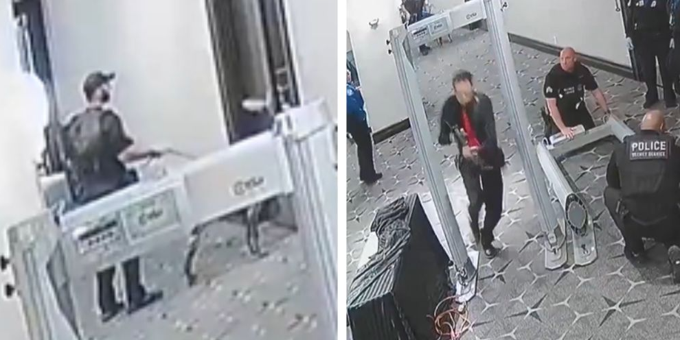Security camera stills from the WHCD incident showing a corridor and screening area.